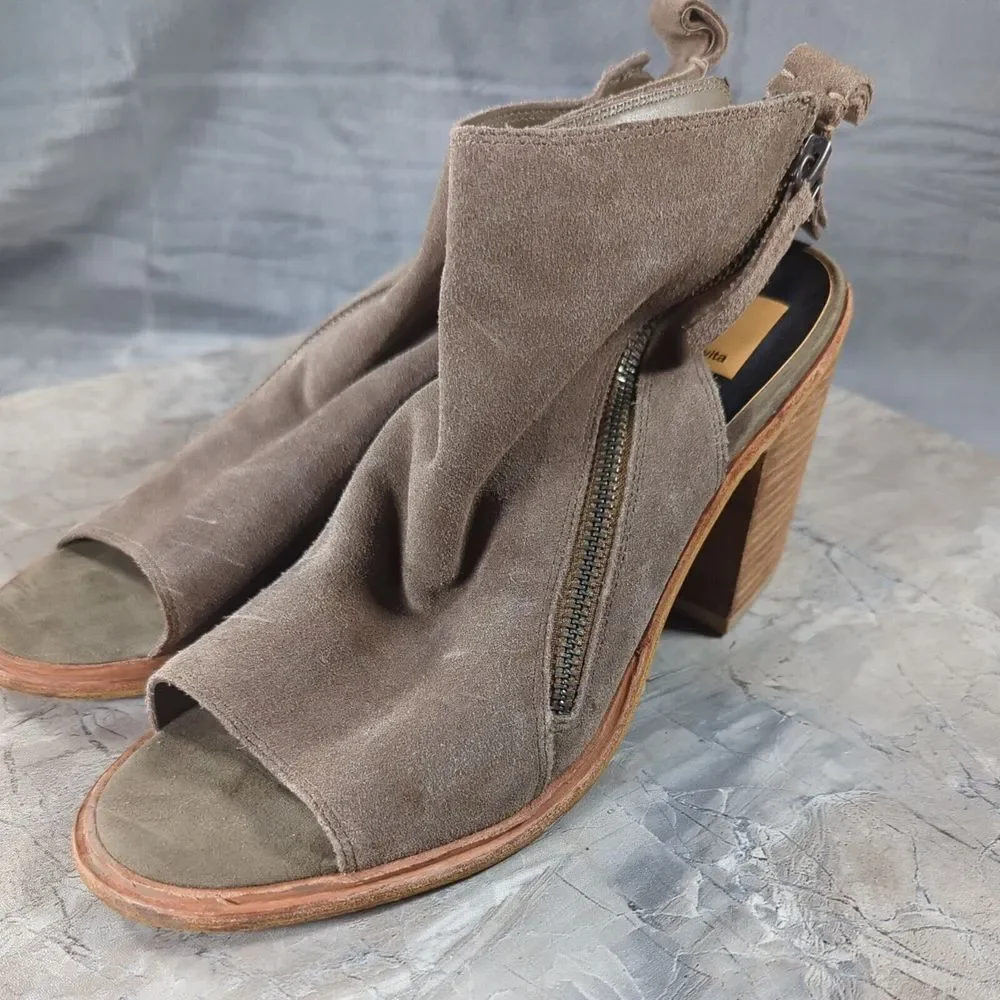 Dolce Vita Petra Taupe Suede Peep Toe Bootie Stacked‎ Heel Size 8.5
